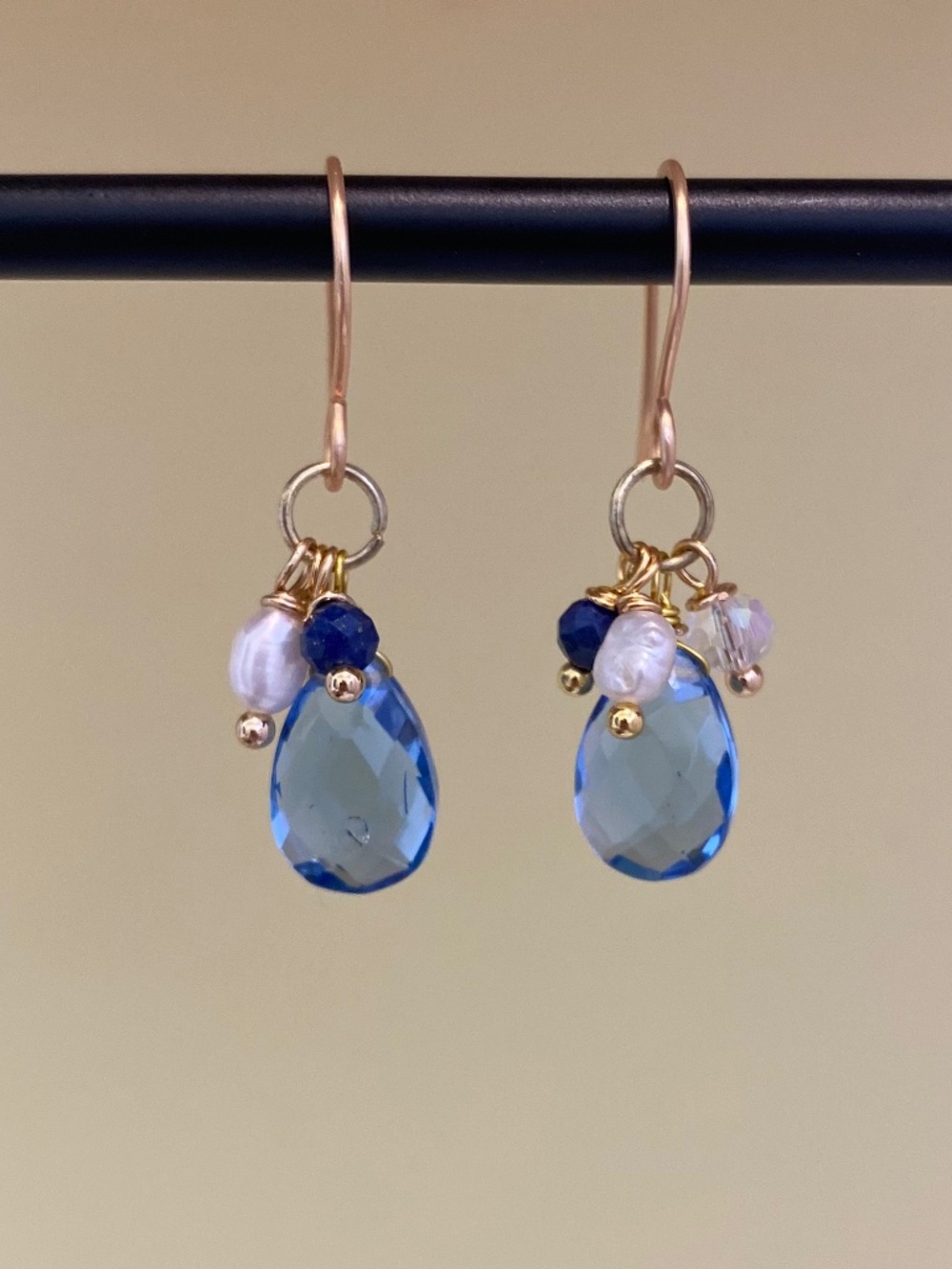 Handmade Earrings with Blue Apatite & Freshwater Pearl - Picture 2 of 3